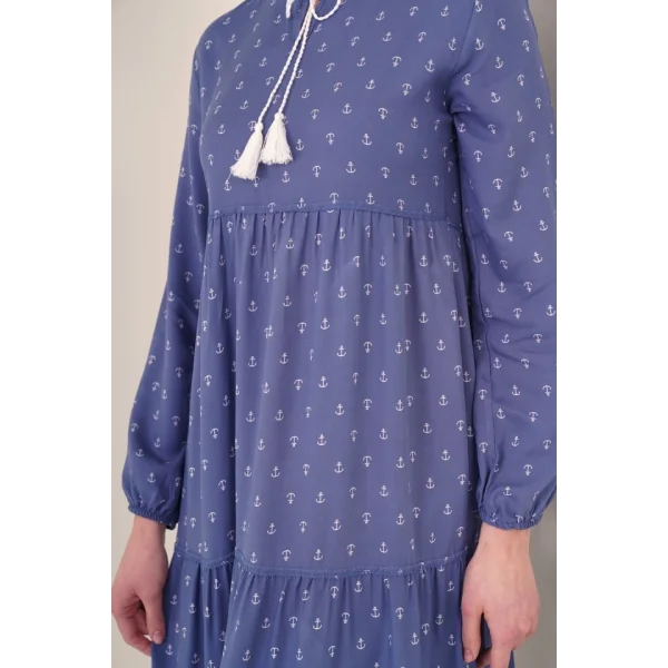 1627 Yaka Bağcıklı Tesettür Elbise - Mavi