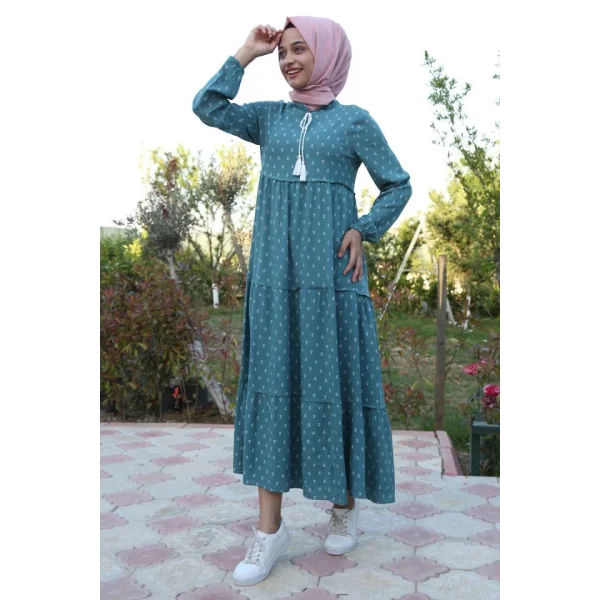 1627 Yaka Bağcıklı Tesettür Elbise - Mint