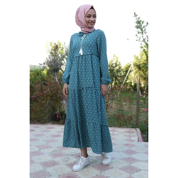 1627 Yaka Bağcıklı Tesettür Elbise - Mint