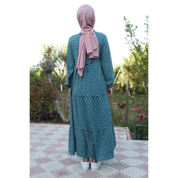1627 Yaka Bağcıklı Tesettür Elbise - Mint