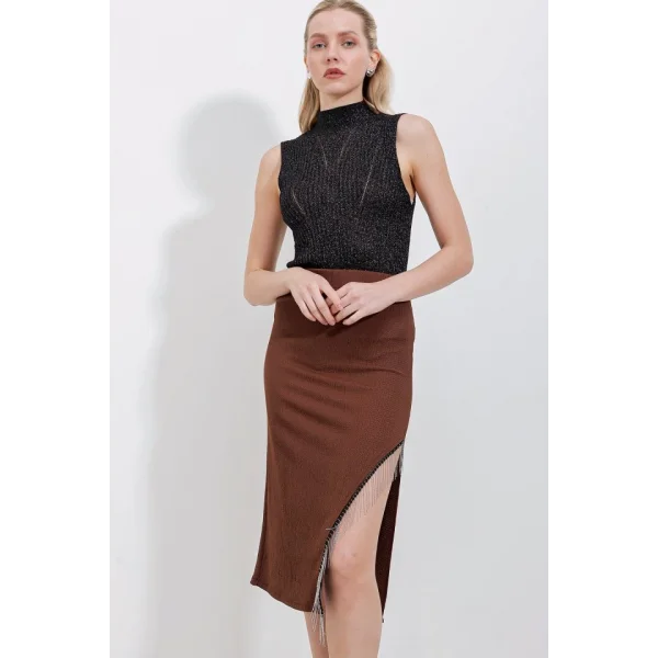 1890 Zincir Detaylı Etek  Kahverengi