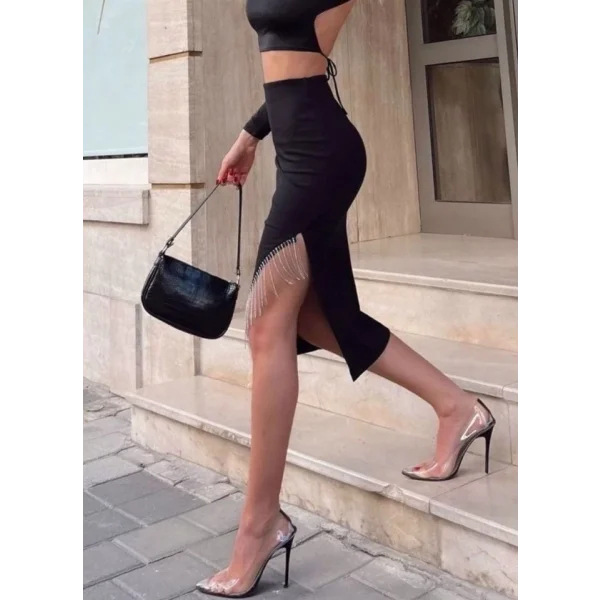 1890 Zincir Detaylı Etek  Siyah