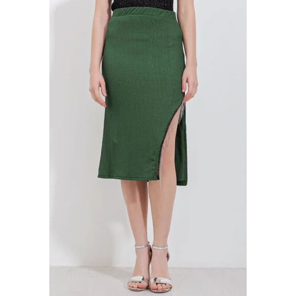 1890 Zincir Detaylı Etek  Zümrüt Yeşili