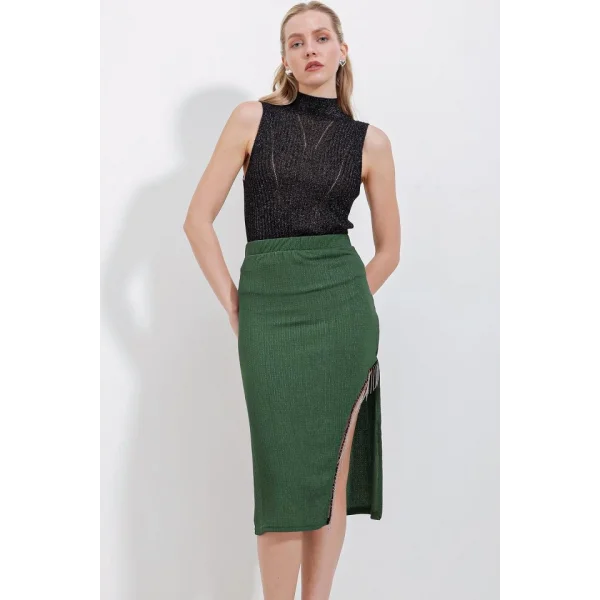 1890 Zincir Detaylı Etek  Zümrüt Yeşili