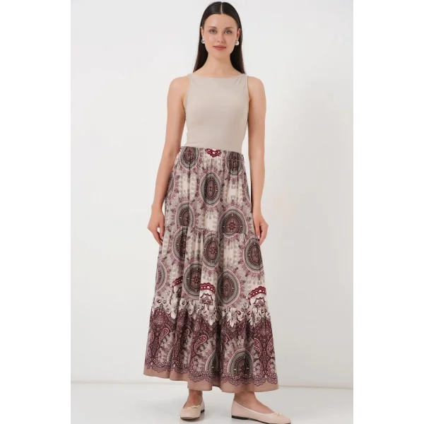 1898 Desenli Uzun Etek - Kahverengi