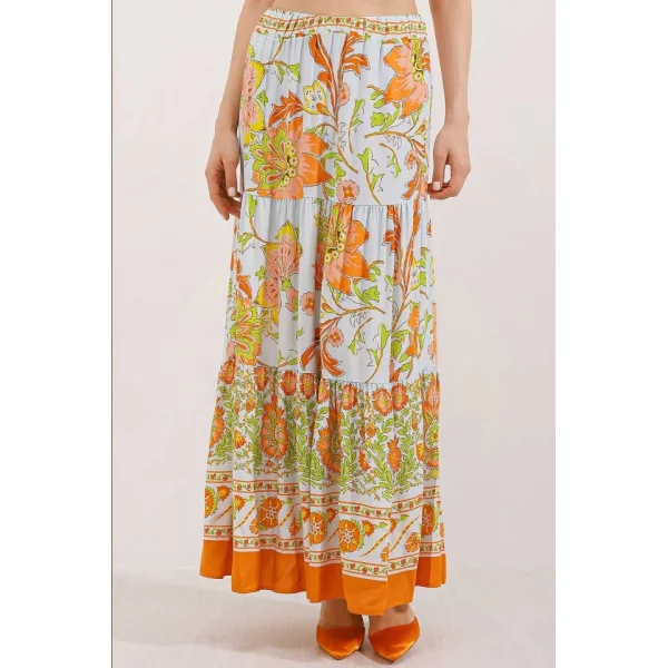 1898 Desenli Uzun Etek - Turuncu