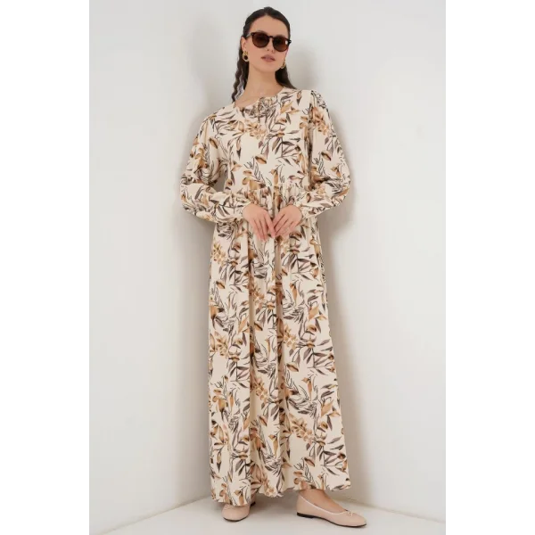 1947 Desenli Uzun Elbise  Bej