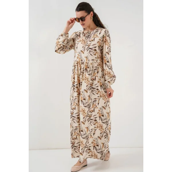 1947 Desenli Uzun Elbise  Bej