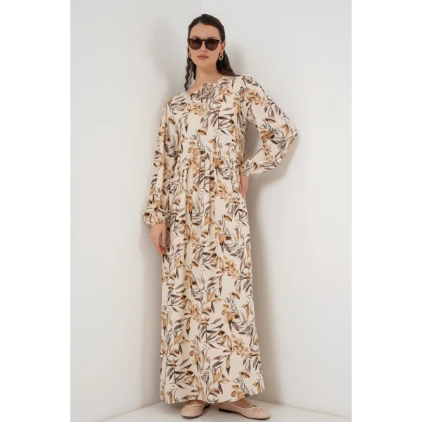 1947 Desenli Uzun Elbise  Bej