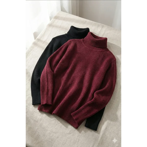 2li Siyah Bordo Unisex Kaşkorse Boğazlı Full Likralı Fitilli Body Kazak