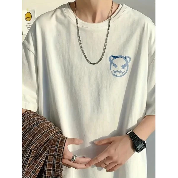 20/1 Penye Compack Bisiklet Yaka Kore tarzı sevimli ayı baskı Kısa Kol Erkek t-shirt - Beyaz