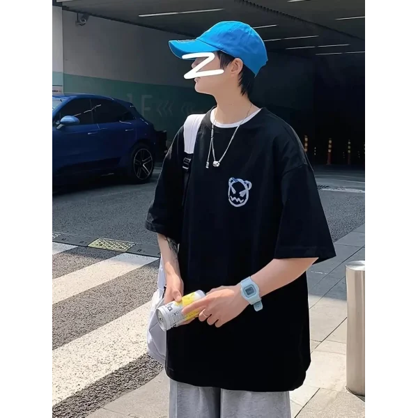 20/1 Penye Compack Bisiklet Yaka Kore tarzı sevimli ayı baskı Kısa Kol Erkek t-shirt - Siyah