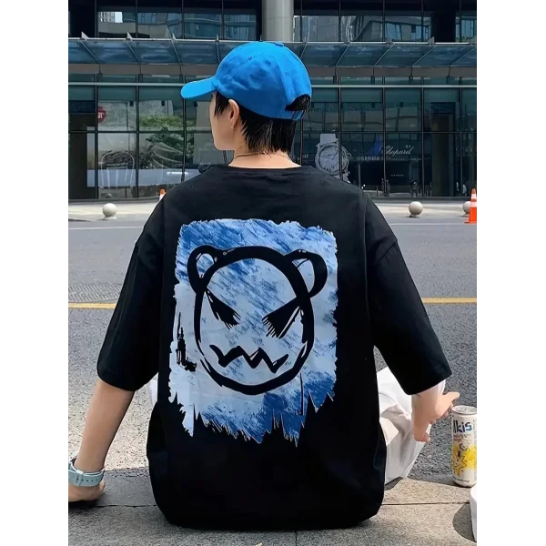 20/1 Penye Compack Bisiklet Yaka Kore tarzı sevimli ayı baskı Kısa Kol Erkek t-shirt - Siyah