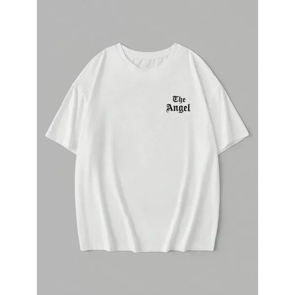 20/1 Penye Compack Dark Angel Baskılı Oversize Kısa Kol Yazlık T-shirt- Beyaz