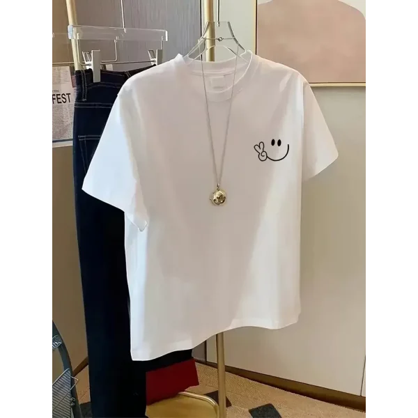 20/1 Penye Compack Gülücük Baskılı Oversize Bisiklet Yaka Kısa Kol Yazlık T-shirt - Beyaz