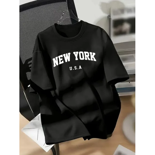 20/1 Penye Compack New York Baskılı Oversize Kısa Kol Bisiklet Yaka T-shirt - Siyah