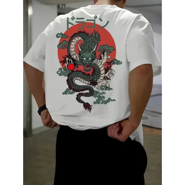 20/1 Penye Compack Ön Arka Ejder Baskılı Oversize Bisiklet Yaka T-shirt - Beyaz