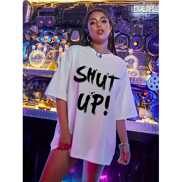 20/1 Penye Compack Oversize Beyaz Shut Up Kısa Kol Yazlık Tişört - Beyaz