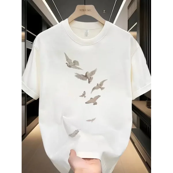 20/1 Penye Compack Özgür kuşlar Baskılı Oversize Bisiklet Yaka T-shirt - Beyaz