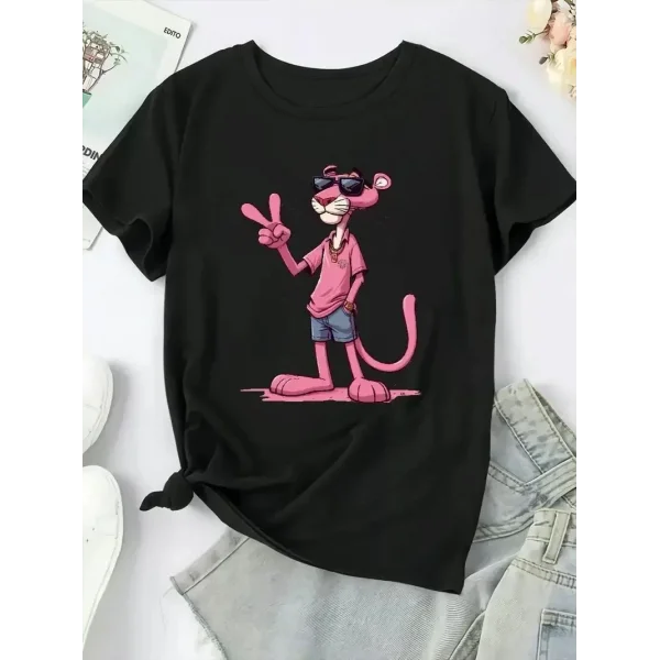 20/1 Penye Compack Pembe Panter Baskılı Oversize Bisiklet Yaka Kısa Kol Yazlık T-shirt - Beyaz