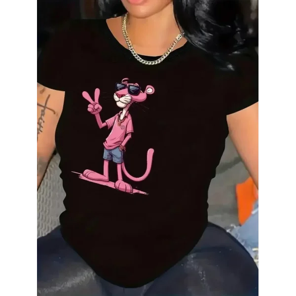 20/1 Penye Compack Pembe Panter Baskılı Oversize Bisiklet Yaka Kısa Kol Yazlık T-shirt - Beyaz