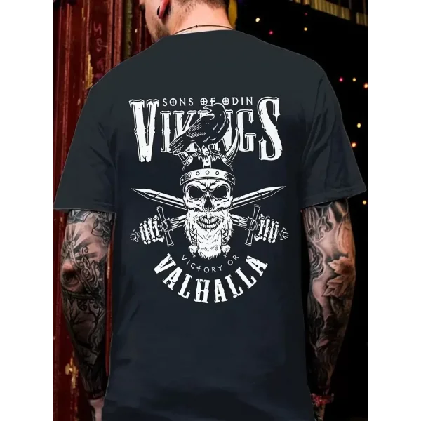 20/1 Penye Compack Vikings Valhalla Baskılı Oversize Bisiklet Yaka T-shirt - Siyah