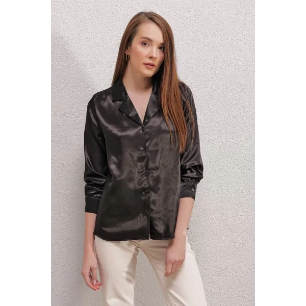 201 Kruvaze Yaka Saten Gömlek  Siyah