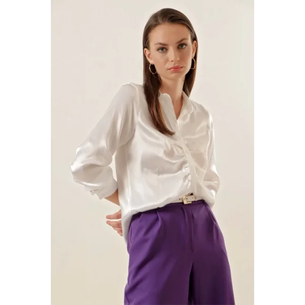 20112 Büzgülü Saten Gömlek  Beyaz