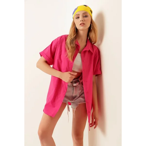 20120 Oversize Kısa Kollu Gömlek  Fuşya