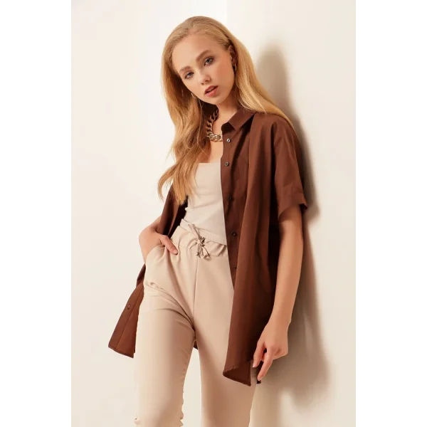 20120 Oversize Kısa Kollu Gömlek  Kahverengi