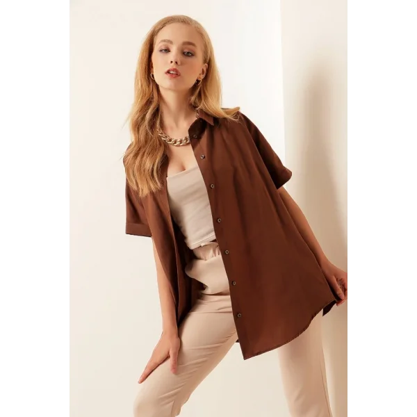 20120 Oversize Kısa Kollu Gömlek  Kahverengi