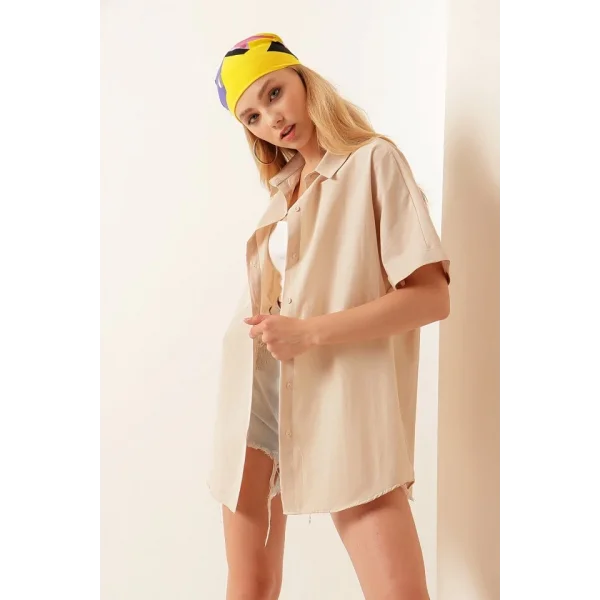 20120 Oversize Kısa Kollu Gömlek  Krem