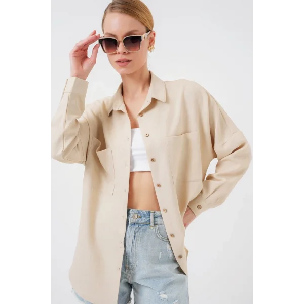 20126 Oversize Keten Gömlek - Bej