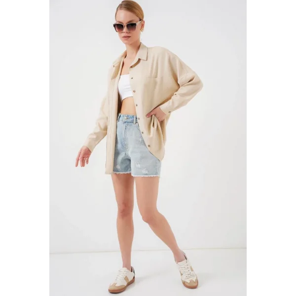 20126 Oversize Keten Gömlek - Bej