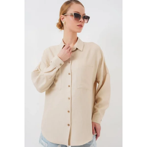 20126 Oversize Keten Gömlek - Bej