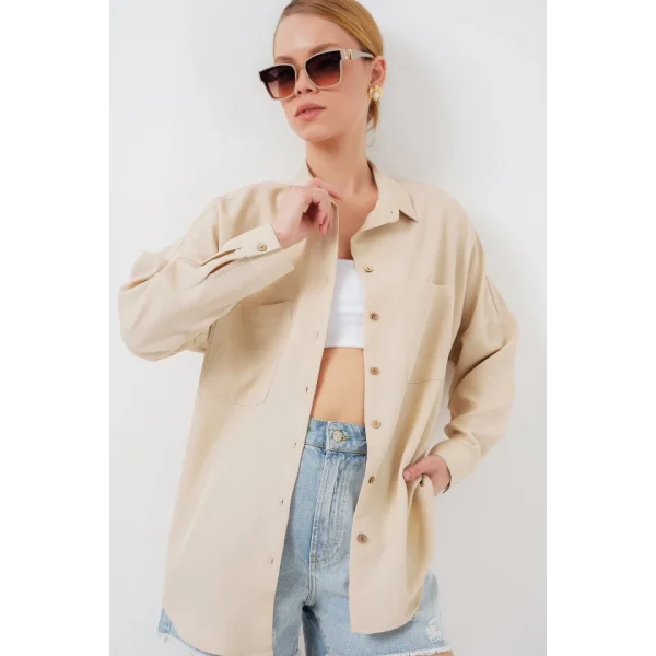 20126 Oversize Keten Gömlek - Bej