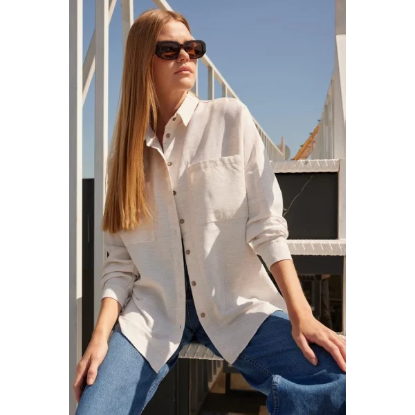 20126 Oversize Keten Gömlek  Beyaz