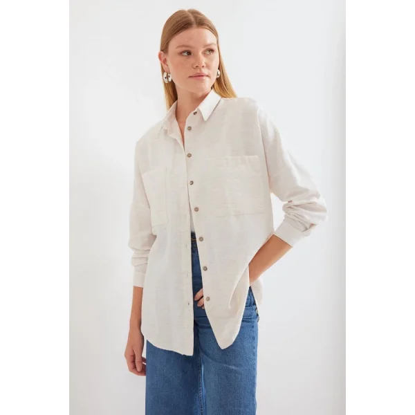 20126 Oversize Keten Gömlek  Beyaz