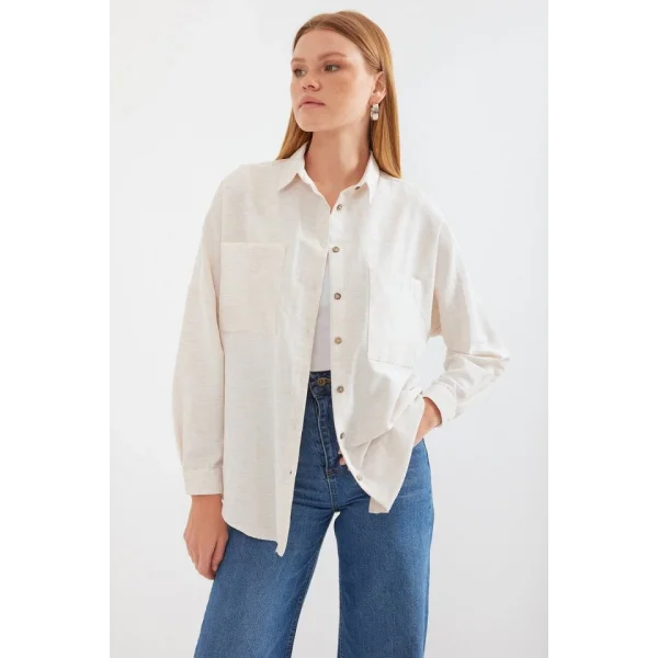 20126 Oversize Keten Gömlek  Beyaz