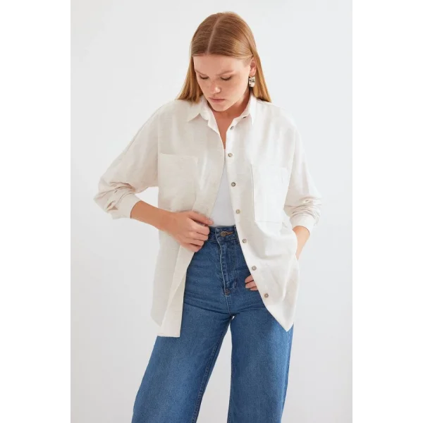 20126 Oversize Keten Gömlek  Beyaz