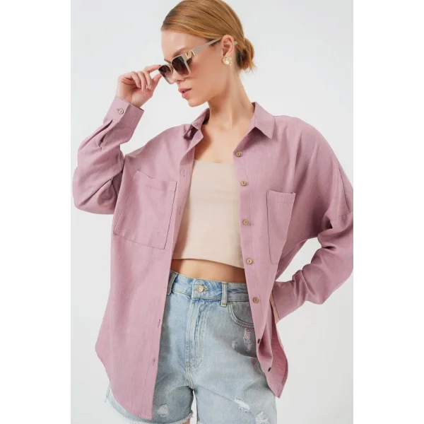 20126 Oversize Keten Gömlek - Gül Kurusu