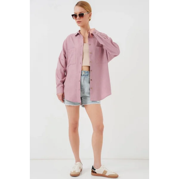 20126 Oversize Keten Gömlek - Gül Kurusu