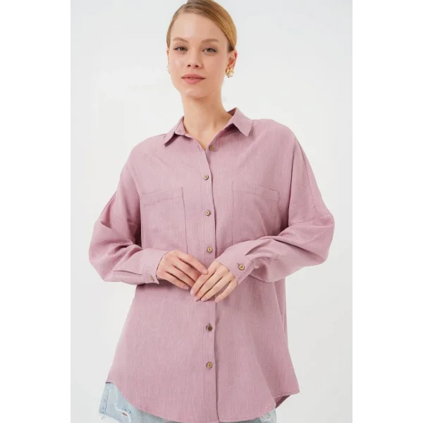 20126 Oversize Keten Gömlek - Gül Kurusu