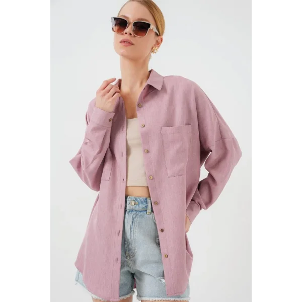 20126 Oversize Keten Gömlek - Gül Kurusu