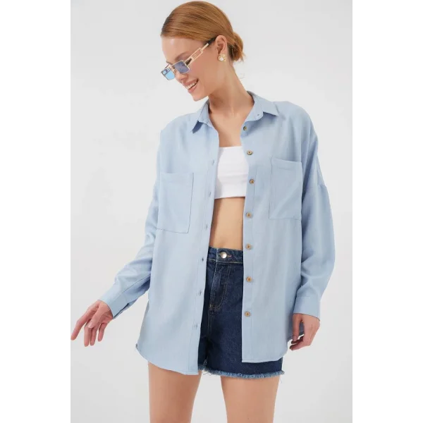 20126 Oversize Keten Gömlek - Mavi