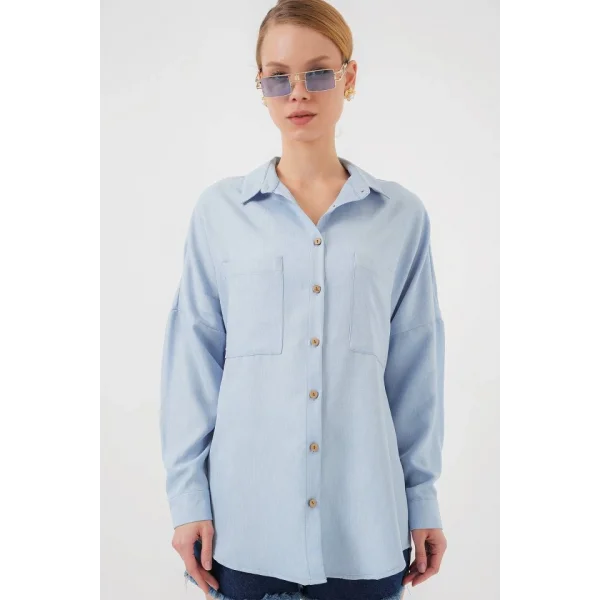 20126 Oversize Keten Gömlek - Mavi