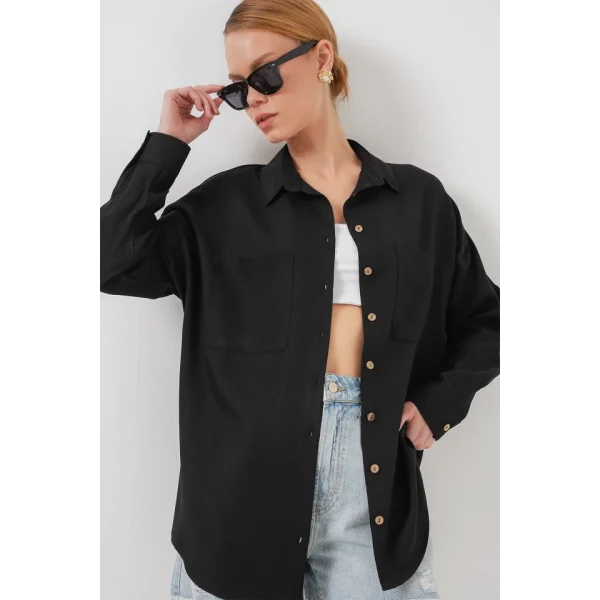20126 Oversize Keten Gömlek - Siyah