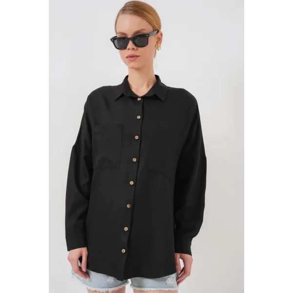 20126 Oversize Keten Gömlek - Siyah