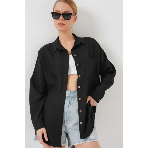 20126 Oversize Keten Gömlek - Siyah