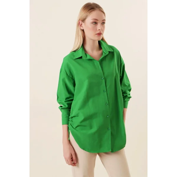 20132 İp Büzgülü Oversize Gömlek  Yeşil